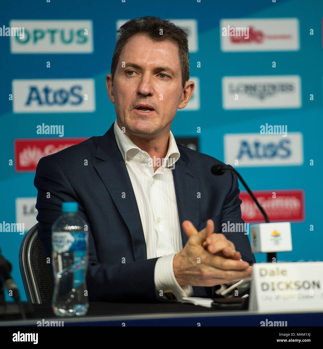 BROADBEACH - AUSTRALIEN 3. APRIL 18: Dale Dickson, CEO von Gold Coast nimmt an der täglichen Pressekonferenz im Pressezentrum für die 2018 Commonwealth Games, Broadbeach, Gold Coast, Australien auf den 3. April 2018 Credit: Gary Mitchell, GMP-Media/Alamy leben Nachrichten Stockfoto