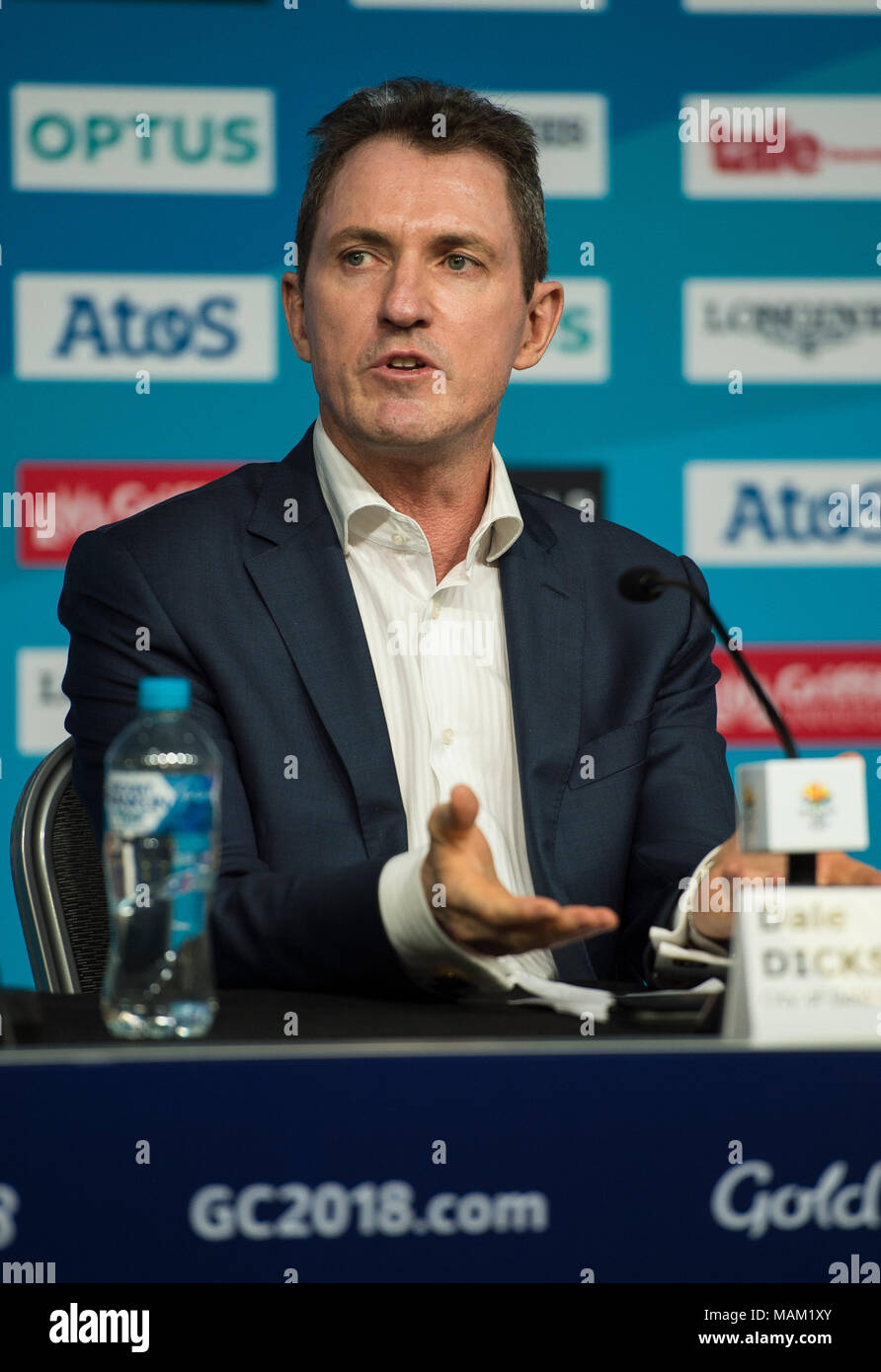 BROADBEACH - AUSTRALIEN 3. APRIL 18: Dale Dickson, CEO von Gold Coast nimmt an der täglichen Pressekonferenz im Pressezentrum für die 2018 Commonwealth Games, Broadbeach, Gold Coast, Australien auf den 3. April 2018 Credit: Gary Mitchell, GMP-Media/Alamy leben Nachrichten Stockfoto