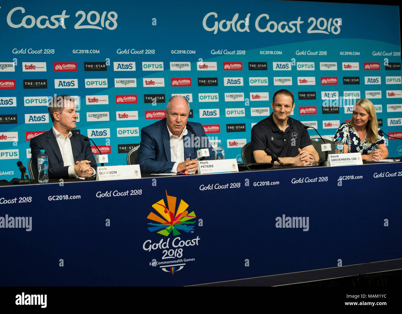 BROADBEACH - AUSTRALIEN 3. APRIL 18: David Dickson, Mark Peters, David Grevemberg und Kate Jones MP der täglichen Pressekonferenz im Pressezentrum für die 2018 Commonwealth Games, Broadbeach, Gold Coast, Australien auf den 3. April 2018 Credit: Gary Mitchell, GMP-Media/Alamy leben Nachrichten Stockfoto