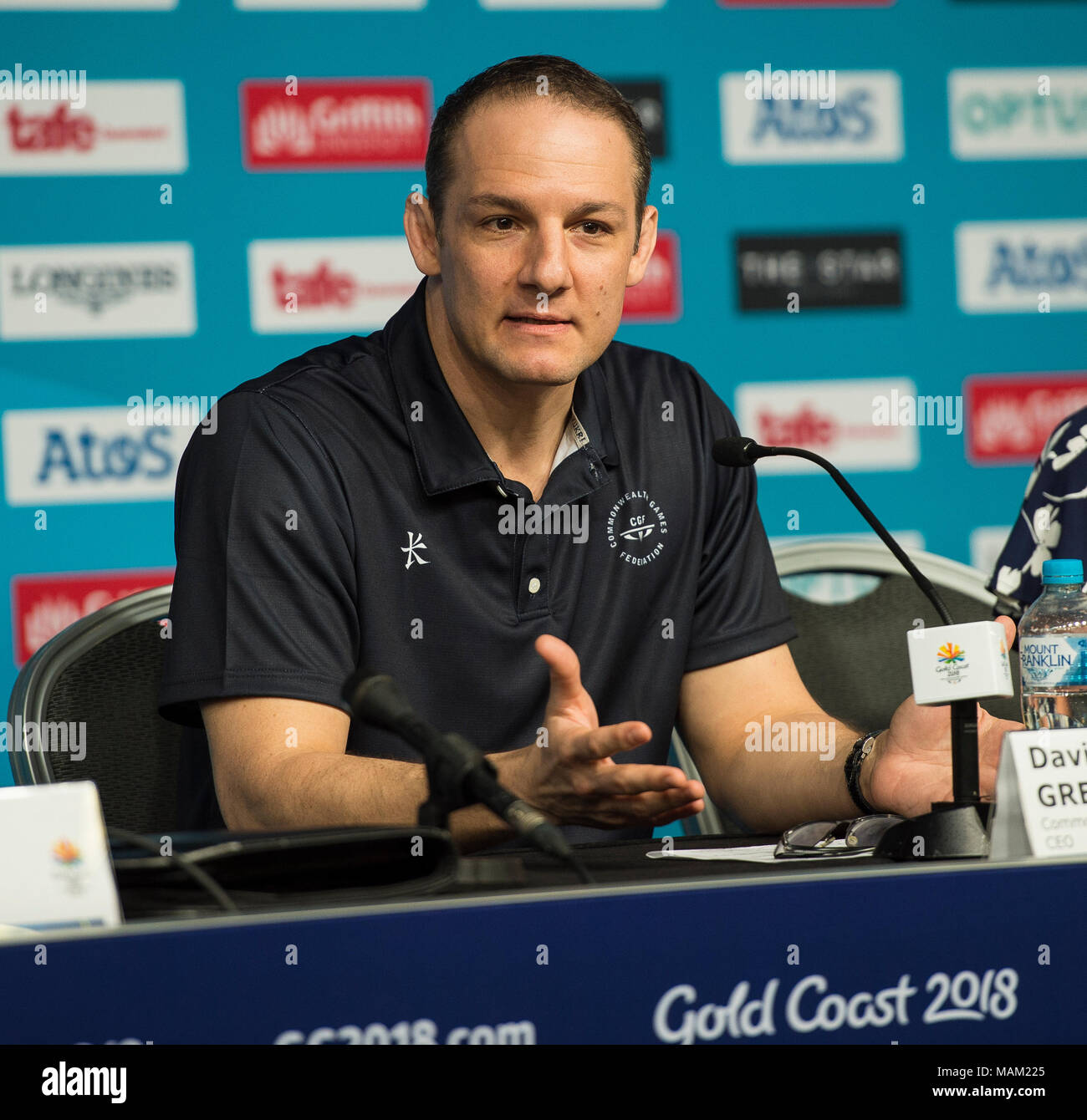 BROADBEACH - AUSTRALIEN 3. APRIL 18: David Grevemberg nimmt an der täglichen Pressekonferenz im Pressezentrum für die 2018 Commonwealth Games, Broadbeach, Gold Coast, Australien auf den 3. April 2018 Credit: Gary Mitchell, GMP-Media/Alamy leben Nachrichten Stockfoto
