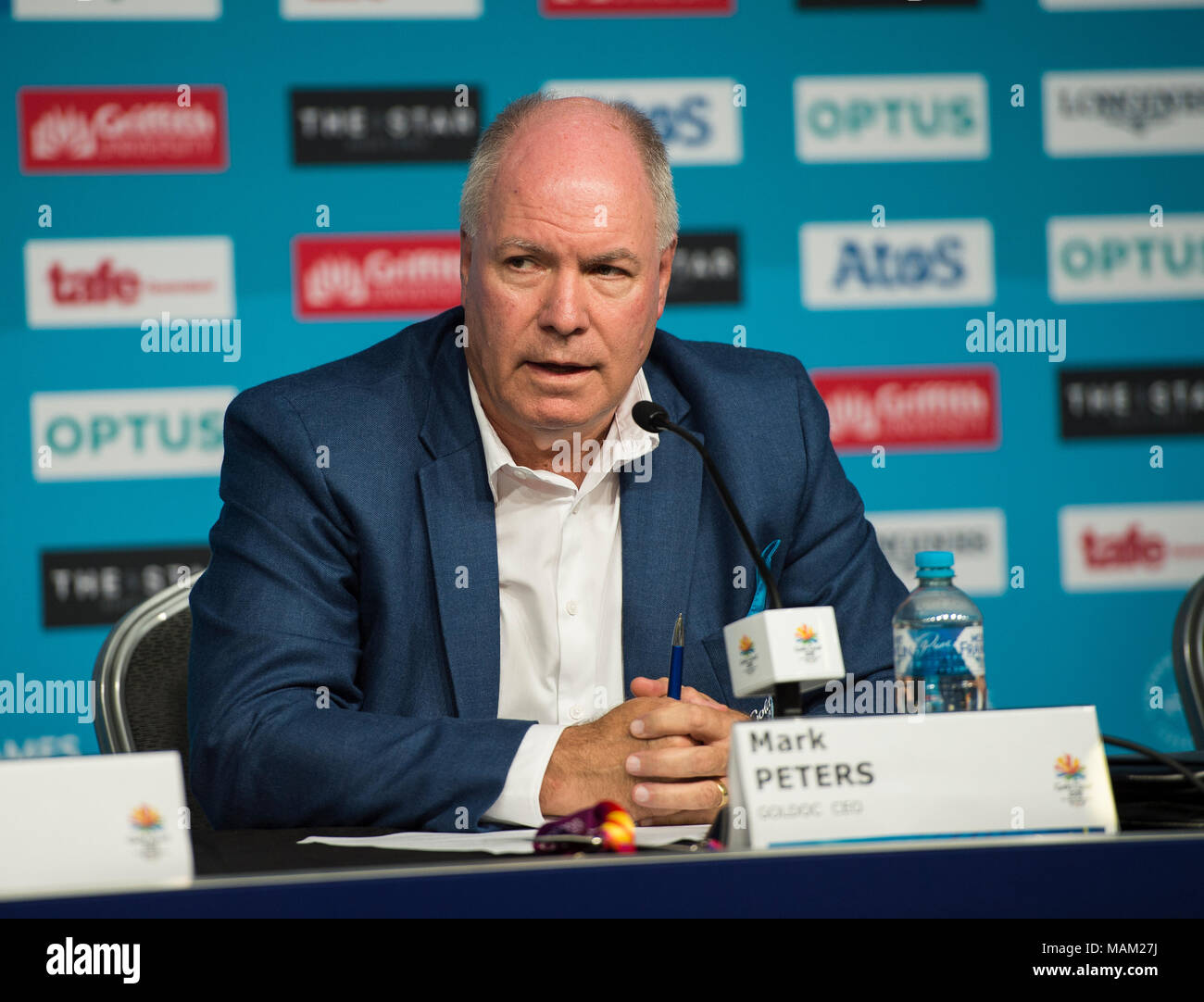 BROADBEACH - AUSTRALIEN 3. APRIL 18: Mark Peters Geschäftsführer der Commonwealth Games Corporation nimmt an der täglichen Pressekonferenz im Pressezentrum für die 2018 Commonwealth Games, Broadbeach, Gold Coast, Australien auf den 3. April 2018 Credit: Gary Mitchell, GMP-Media/Alamy leben Nachrichten Stockfoto