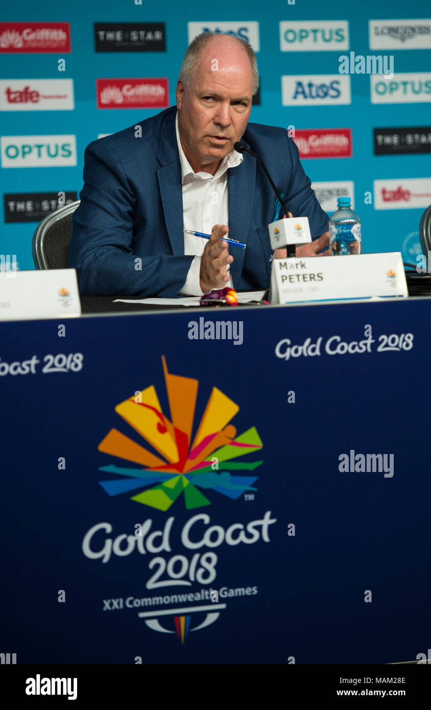 BROADBEACH - AUSTRALIEN 3. APRIL 18: Mark Peters Geschäftsführer der Commonwealth Games Corporation nimmt an der täglichen Pressekonferenz im Pressezentrum für die 2018 Commonwealth Games, Broadbeach, Gold Coast, Australien auf den 3. April 2018 Credit: Gary Mitchell, GMP-Media/Alamy leben Nachrichten Stockfoto