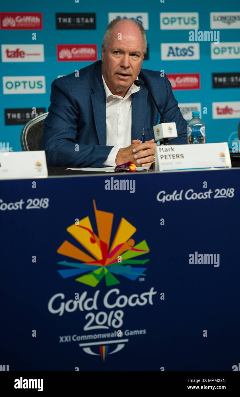 BROADBEACH - AUSTRALIEN 3. APRIL 18: Mark Peters Geschäftsführer der Commonwealth Games Corporation nimmt an der täglichen Pressekonferenz im Pressezentrum für die 2018 Commonwealth Games, Broadbeach, Gold Coast, Australien auf den 3. April 2018 Credit: Gary Mitchell, GMP-Media/Alamy leben Nachrichten Stockfoto