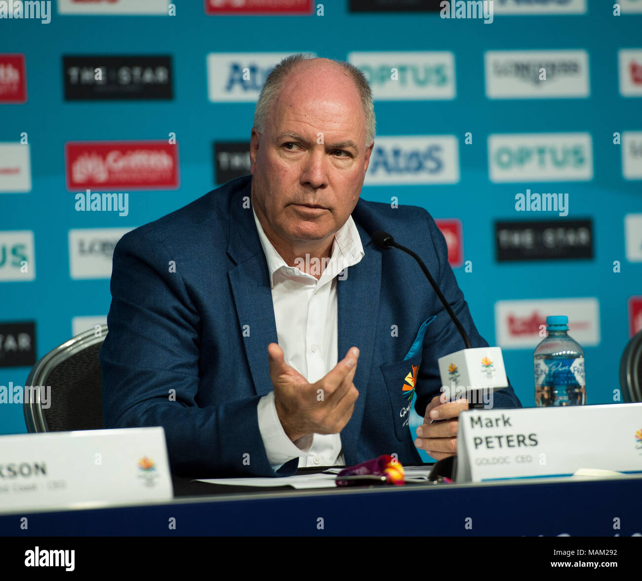 BROADBEACH - AUSTRALIEN 3. APRIL 18: Mark Peters Geschäftsführer der Commonwealth Games Corporation nimmt an der täglichen Pressekonferenz im Pressezentrum für die 2018 Commonwealth Games, Broadbeach, Gold Coast, Australien auf den 3. April 2018 Credit: Gary Mitchell, GMP-Media/Alamy leben Nachrichten Stockfoto