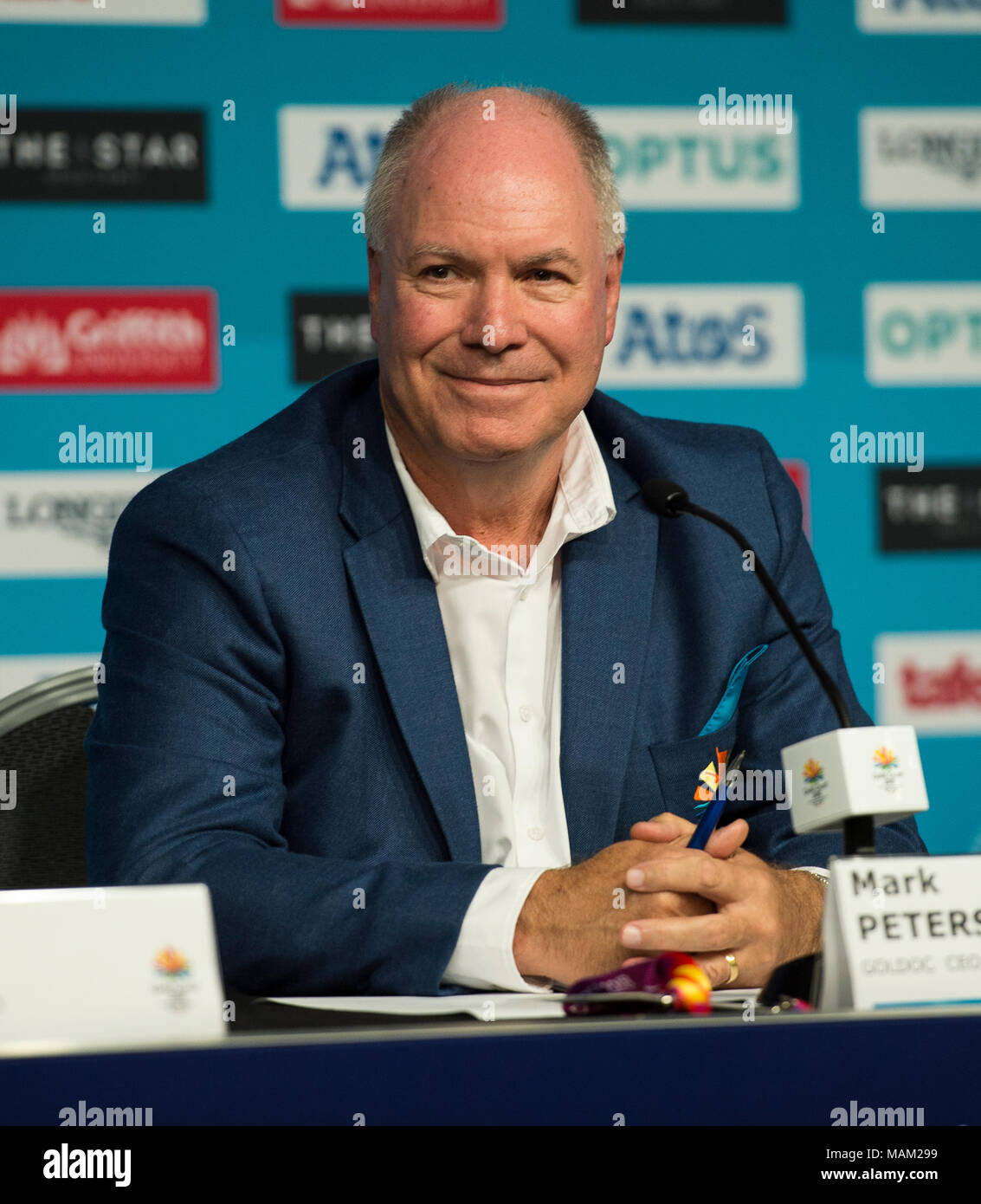 BROADBEACH - AUSTRALIEN 3. APRIL 18: Mark Peters Geschäftsführer der Commonwealth Games Corporation nimmt an der täglichen Pressekonferenz im Pressezentrum für die 2018 Commonwealth Games, Broadbeach, Gold Coast, Australien auf den 3. April 2018 Credit: Gary Mitchell, GMP-Media/Alamy leben Nachrichten Stockfoto