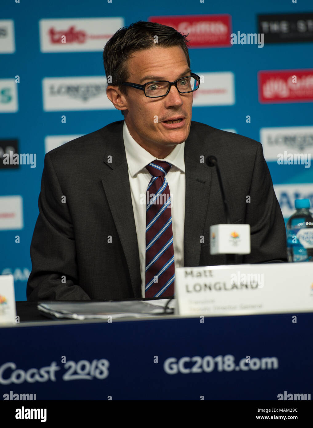 BROADBEACH - AUSTRALIEN 3. APRIL 18: Matt Longland Dept Generaldirektor, QL Dept von Transport- und Hauptstraßen, nimmt an der täglichen Pressekonferenz im Pressezentrum für die 2018 Commonwealth Games, Broadbeach, Gold Coast, Australien auf den 3. April 2018 Credit: Gary Mitchell, GMP-Media/Alamy leben Nachrichten Stockfoto