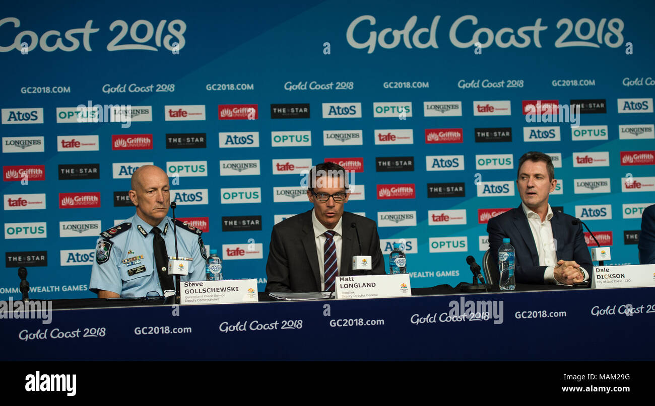 BROADBEACH - AUSTRALIEN 3. APRIL 18: Matt Longland Dept Generaldirektor, QL Dept von Transport- und Hauptstraßen, nimmt an der täglichen Pressekonferenz im Pressezentrum für die 2018 Commonwealth Games, Broadbeach, Gold Coast, Australien auf den 3. April 2018 Credit: Gary Mitchell, GMP-Media/Alamy leben Nachrichten Stockfoto