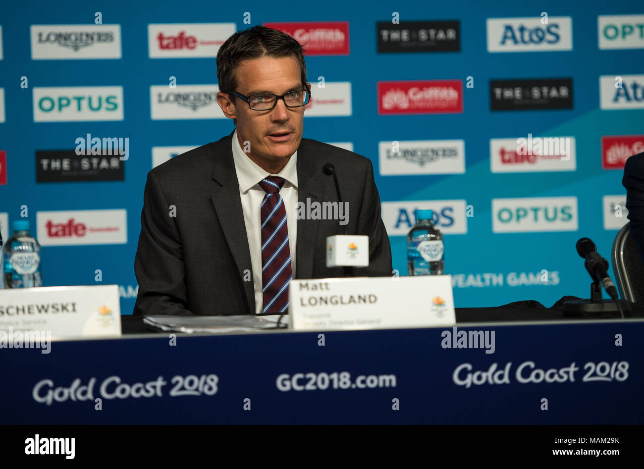 BROADBEACH - AUSTRALIEN 3. APRIL 18: Matt Longland Dept Generaldirektor, QL Dept von Transport- und Hauptstraßen, nimmt an der täglichen Pressekonferenz im Pressezentrum für die 2018 Commonwealth Games, Broadbeach, Gold Coast, Australien auf den 3. April 2018 Credit: Gary Mitchell, GMP-Media/Alamy leben Nachrichten Stockfoto