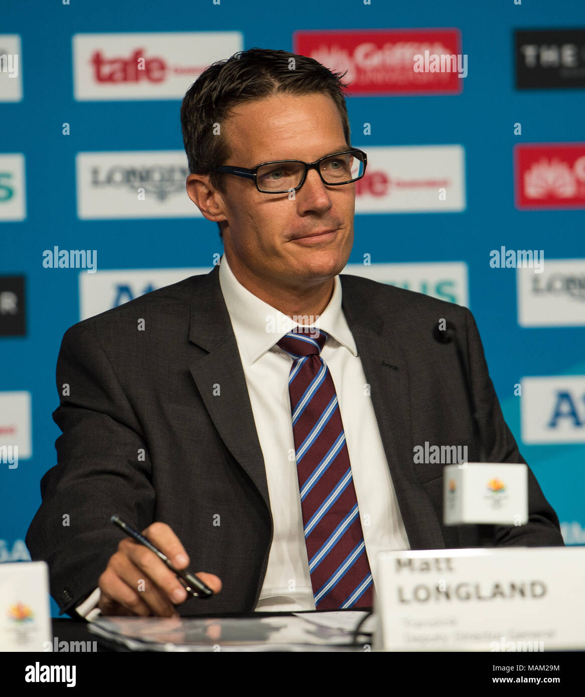 BROADBEACH - AUSTRALIEN 3. APRIL 18: Matt Longland Dept Generaldirektor, QL Dept von Transport- und Hauptstraßen, nimmt an der täglichen Pressekonferenz im Pressezentrum für die 2018 Commonwealth Games, Broadbeach, Gold Coast, Australien auf den 3. April 2018 Credit: Gary Mitchell, GMP-Media/Alamy leben Nachrichten Stockfoto