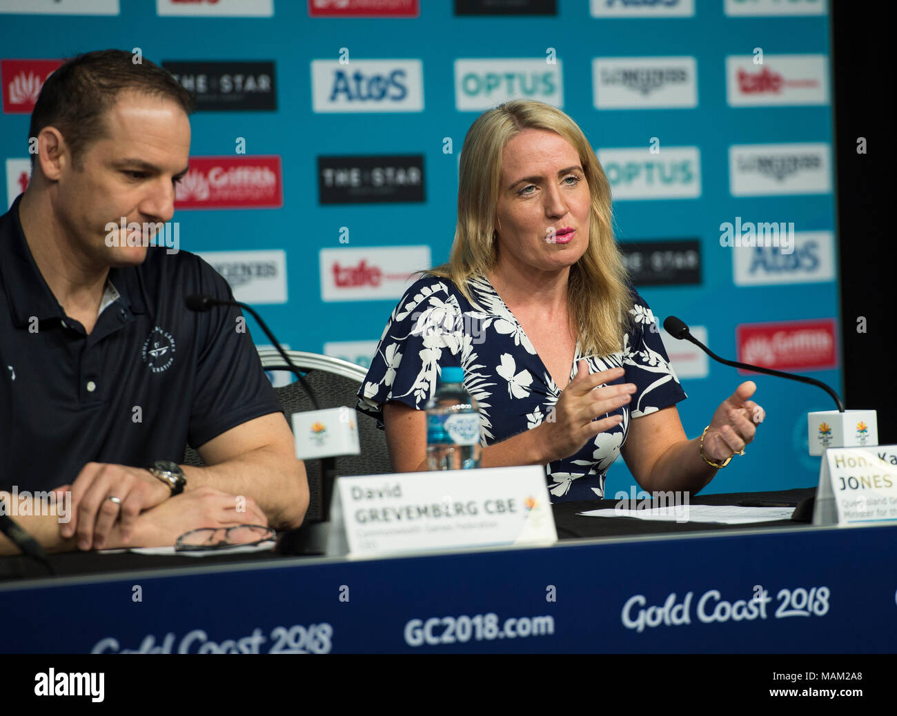 BROADBEACH - AUSTRALIEN 3. APRIL 18: Die Hon Kate Jones MP 016 Minister für die Commonwealth Games nimmt an der täglichen Pressekonferenz im Pressezentrum für die 2018 Commonwealth Games, Broadbeach, Gold Coast, Australien auf den 3. April 2018 Credit: Gary Mitchell, GMP-Media/Alamy leben Nachrichten Stockfoto