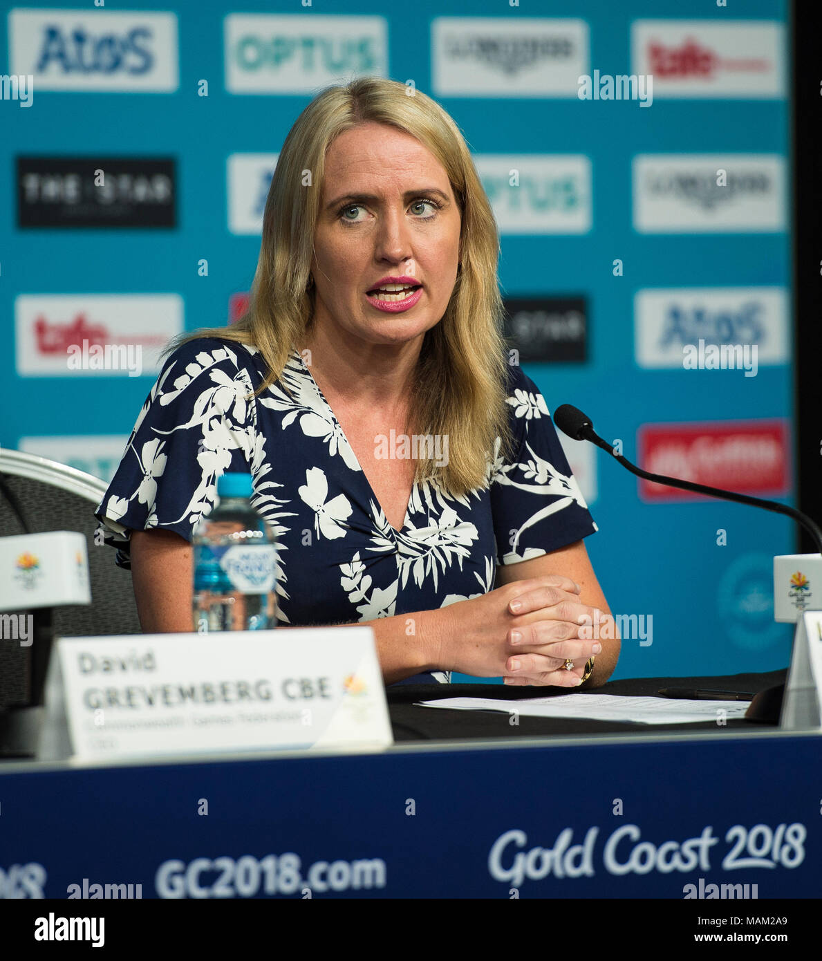 BROADBEACH - AUSTRALIEN 3. APRIL 18: Die Hon Kate Jones MP 016 Minister für die Commonwealth Games nimmt an der täglichen Pressekonferenz im Pressezentrum für die 2018 Commonwealth Games, Broadbeach, Gold Coast, Australien auf den 3. April 2018 Credit: Gary Mitchell, GMP-Media/Alamy leben Nachrichten Stockfoto
