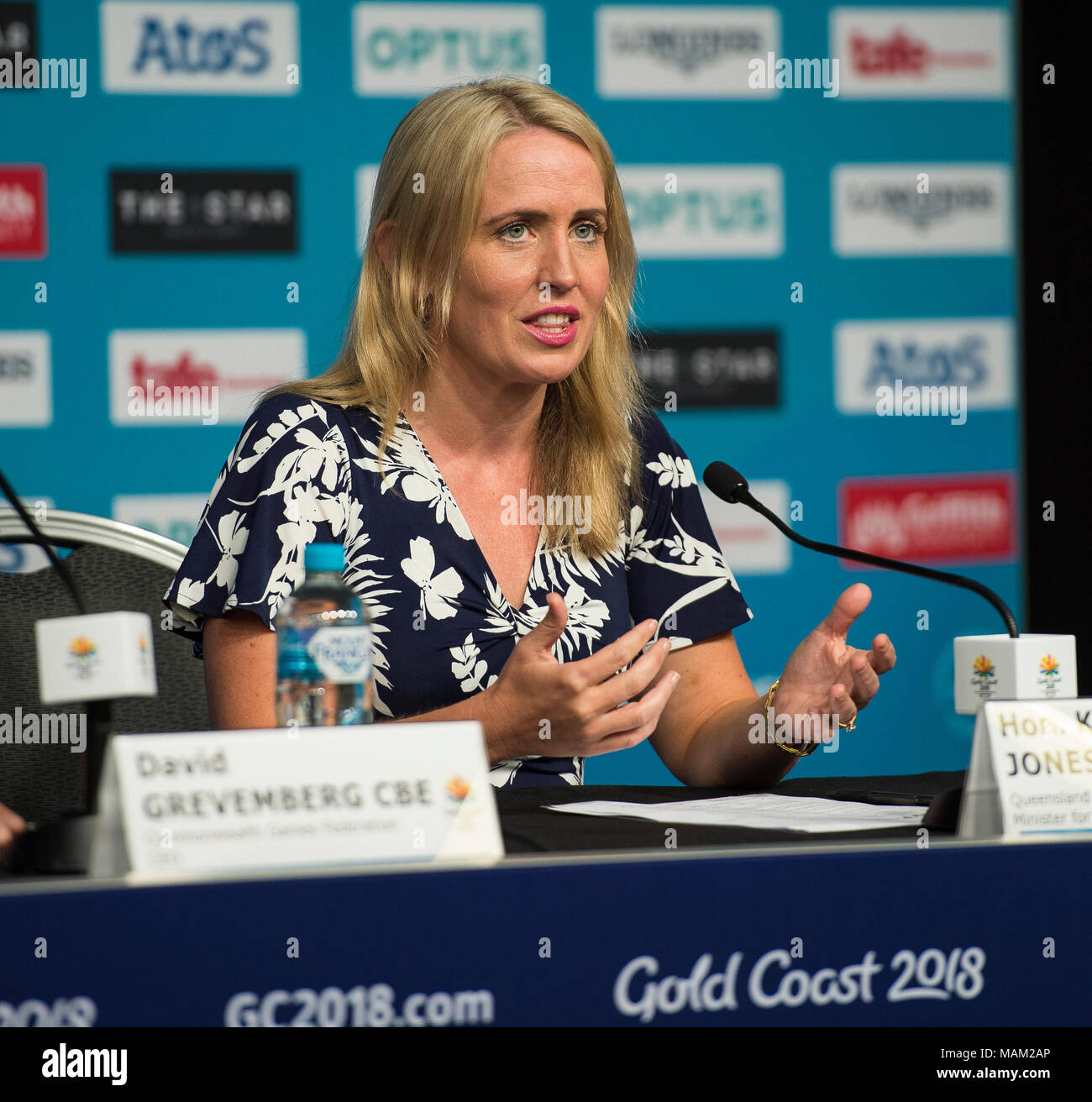 BROADBEACH - AUSTRALIEN 3. APRIL 18: Die Hon Kate Jones MP 016 Minister für die Commonwealth Games nimmt an der täglichen Pressekonferenz im Pressezentrum für die 2018 Commonwealth Games, Broadbeach, Gold Coast, Australien auf den 3. April 2018 Credit: Gary Mitchell, GMP-Media/Alamy leben Nachrichten Stockfoto