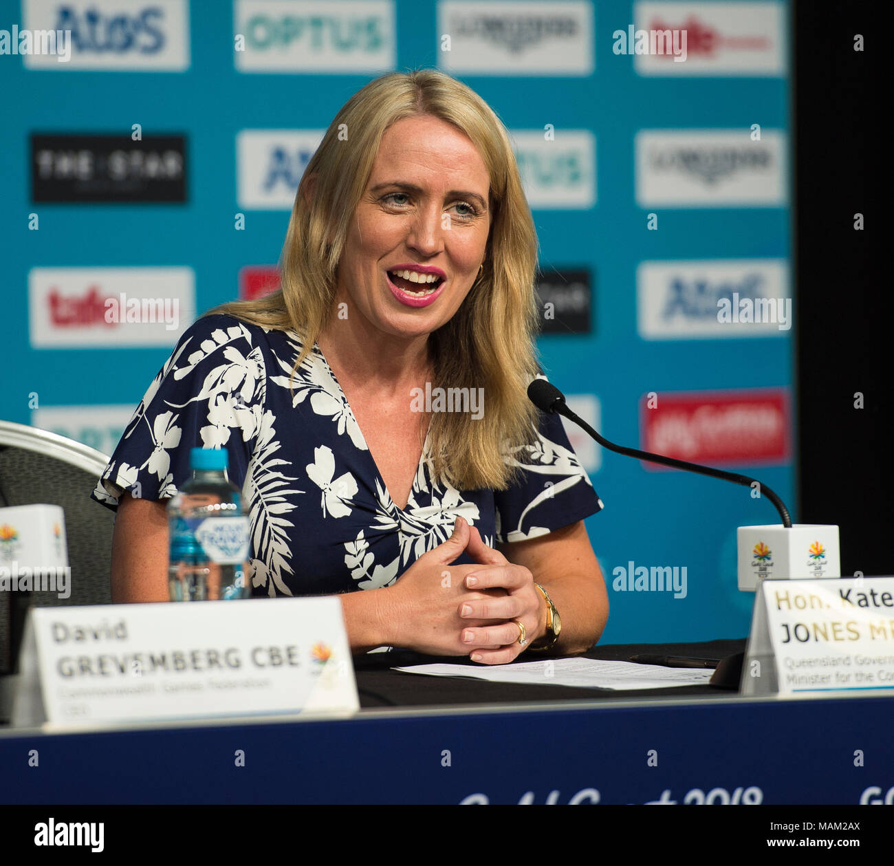 BROADBEACH - AUSTRALIEN 3. APRIL 18: Die Hon Kate Jones MP 016 Minister für die Commonwealth Games nimmt an der täglichen Pressekonferenz im Pressezentrum für die 2018 Commonwealth Games, Broadbeach, Gold Coast, Australien auf den 3. April 2018 Credit: Gary Mitchell, GMP-Media/Alamy leben Nachrichten Stockfoto