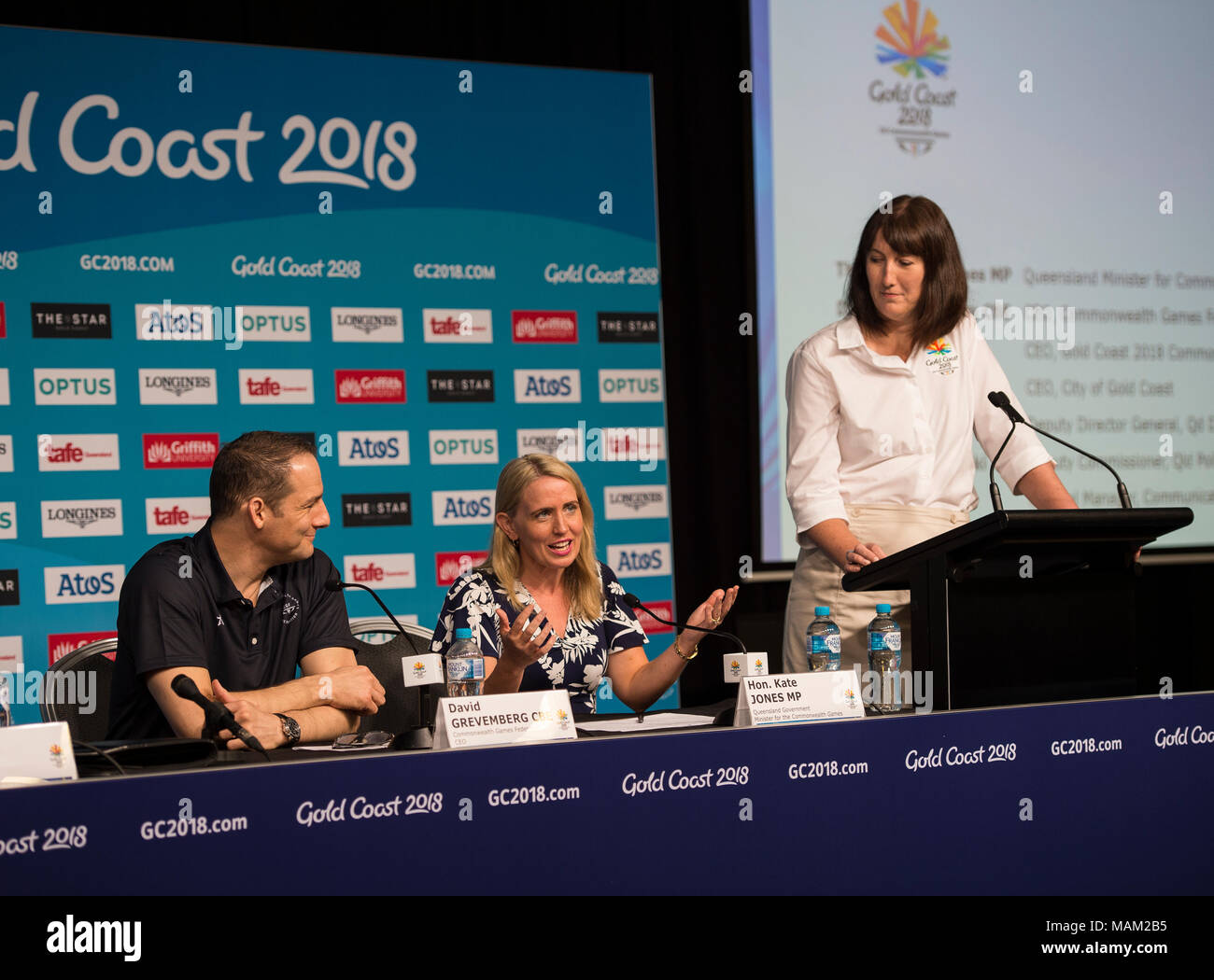 BROADBEACH - AUSTRALIEN 3. APRIL 18: Die Hon Kate Jones MP 016 Minister für die Commonwealth Games nimmt an der täglichen Pressekonferenz im Pressezentrum für die 2018 Commonwealth Games, Broadbeach, Gold Coast, Australien auf den 3. April 2018 Credit: Gary Mitchell, GMP-Media/Alamy leben Nachrichten Stockfoto