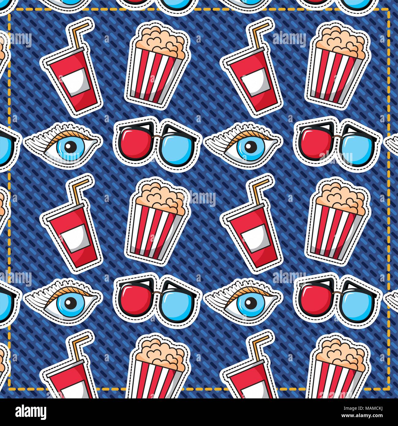 Patches fast food Film 3D-Brille popcorn Auge Hintergrund Stock Vektor