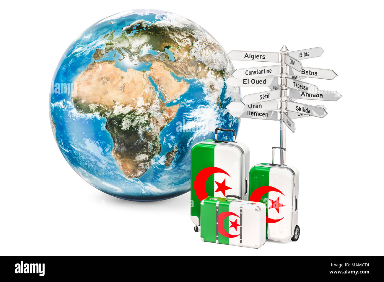 Algerien reisen Konzept. Koffer mit algerischen Flagge, Wegweiser und Globus. 3D-Rendering Stockfoto