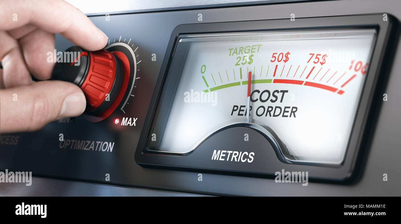 Finger drehen eine Optimierung Knopf, um die Kosten pro Bestellung einer Werbekampagne zu reduzieren. Das zusammengesetzte Bild zwischen einer hand Fotografie und eine 3D-zurück Stockfoto