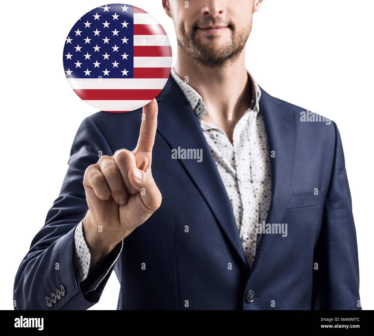 Geschäftsmann sharing Blase mit USA-Flagge. Stockfoto