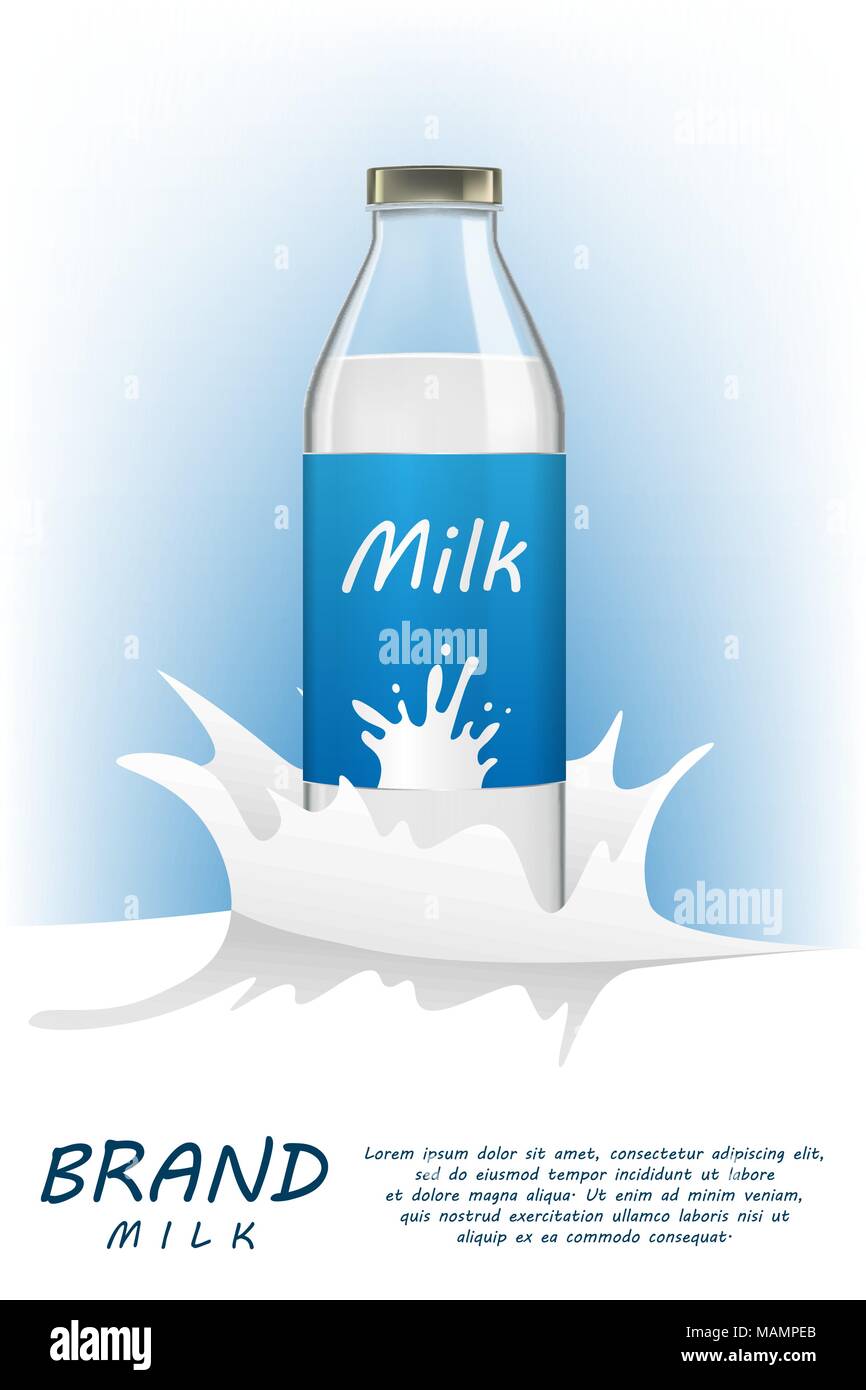 Milchflasche realistische Paket mock up mit Spritzwasser Hintergrund. Gesundes Getränk Glas Flasche mit Milch trinken, für Inserate oder Zeitschrift design. 3D-Vektor Illustration. Stock Vektor