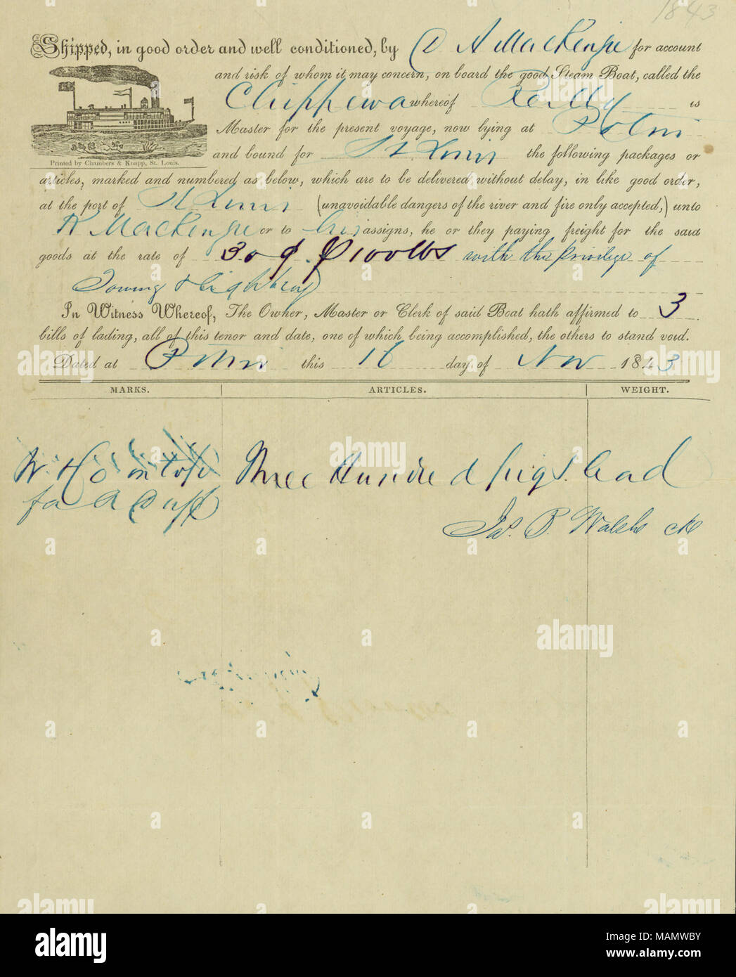 Titel: Konnossement für Leitung von C.A. Mackenzie, Potosi ausgeliefert, an Bord der steamboat Chippewa, K. Mackenzie, St. Louis, 16. November 1843. 16. November 1843. Stockfoto