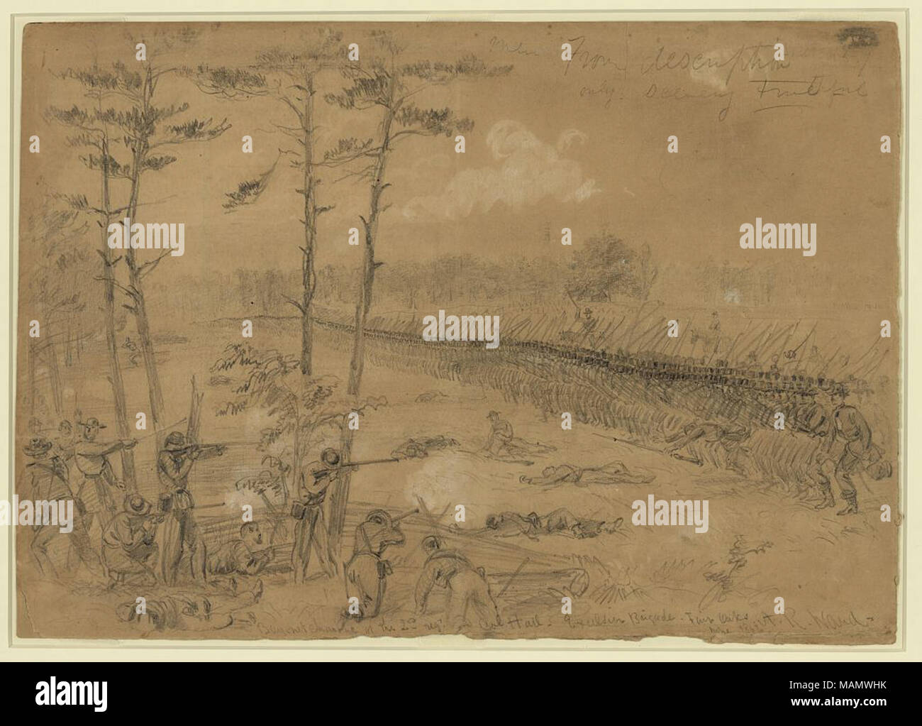 Bajonett für das 2. reg. Kol. Hall. Excelsior Brigade. Fair Oaks Juni 1862. Förderung der Schlachtordnung erfüllt sharp Shooters in Wäldern. 1 Zeichnung auf tan-Papier: Bleistift und Chinesische Weiße -?; 25,3 x 36,3 cm. (Blatt). Erschienen in: Harper's Weekly, 16. August 1862. ?+?+-. Juni 1862. Alfred Waud - Stockfoto