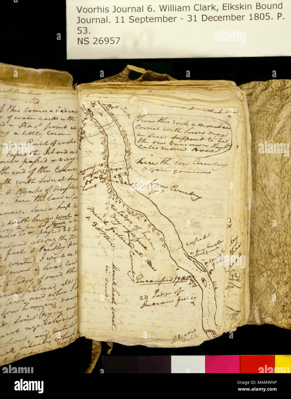 "Columbia River in der Nähe der Mündung des Umatilla River (nicht abgebildet), Washington und Oregon. . .' Karte. Titel: Clark Familie Sammlung: Band 6. Elkskin Amtsblatt, Seite 53, 19. Oktober 1805. 19. Oktober 1805. Clark, William, 1770-1838 Stockfoto