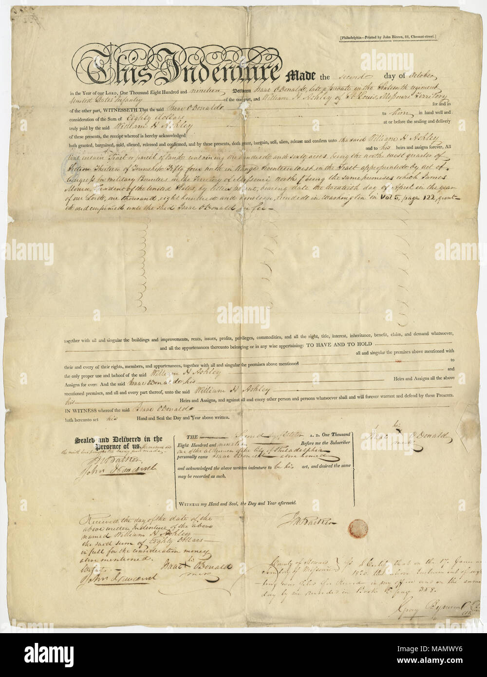Land umfasst den Nordwesten Viertel von Abschnitt 13, Gemeinde 54 Nord, Bereich 17 West. Tat in Philadelphia ausgeführt. Titel: Brief von Isaac O'Donald (Ende ein eigenes im 16 United States Infanterie) zu William H. Ashley, St. Louis, Missouri Gebiet, für 160 Morgen von Missouri militärischen Bounty Land für $ 80, Oktober 2, 1819. 2. Oktober 1819. Stockfoto