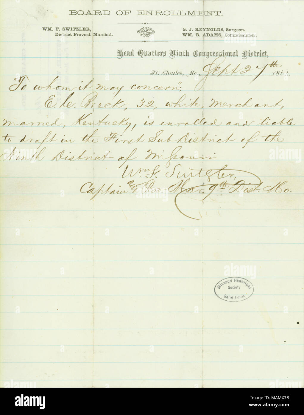 Staaten, die Breck, '32, weiß, Kaufmann, verheiratet, Kentucky, eingeschrieben ist und voraussichtlich in der ersten Sub Bezirk des 9. Bezirks von Missouri zu entwerfen." Titel: Entwurf der Förderfähigkeit Hinweis für Edward C. Breck, durch Wm unterzeichnet. F. Switzler, 27. September 1864. 27. September 1864. Switzler, Wm. F. Stockfoto