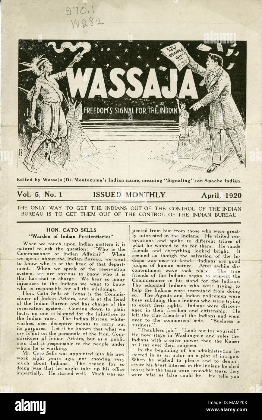 Newsletter Untertitel: die Freiheit Signal für die Indianer. Titel: Ausgabe von Wassaja, Vol. 5, Nr. 1, April 1920. April 1920. Montezuma, Carlos Stockfoto
