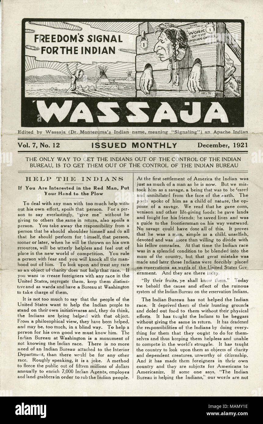 Newsletter Untertitel: die Freiheit Signal für die Indianer. Titel: Ausgabe von Wassaja, Band 7, Nr. 12, Dezember 1921. Dezember 1921. Montezuma, Carlos Stockfoto