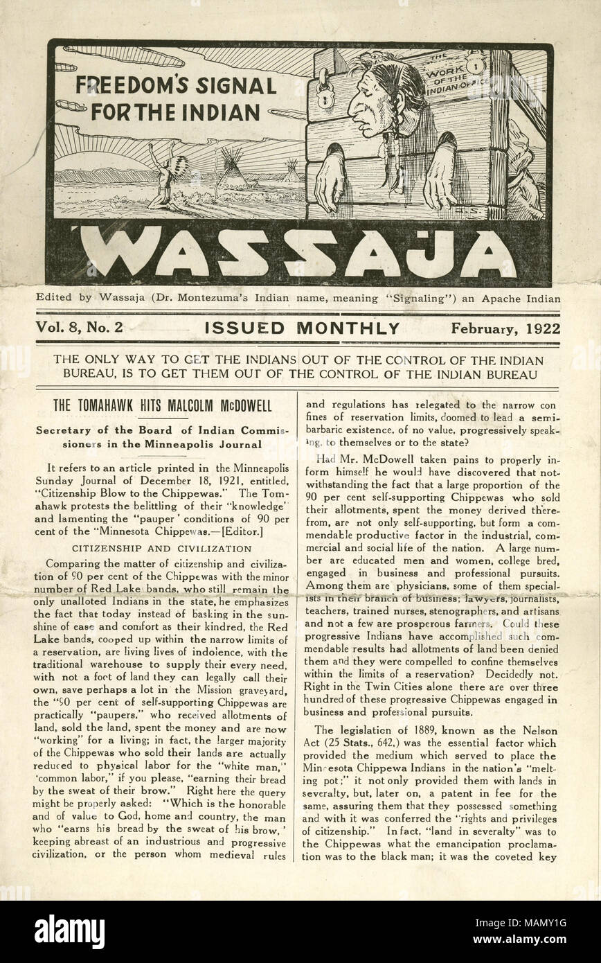 Newsletter Untertitel: die Freiheit Signal für die Indianer. Titel: Ausgabe von Wassaja, Vol. 8, Nr. 2, Februar 1922. Februar 1922. Montezuma, Carlos Stockfoto