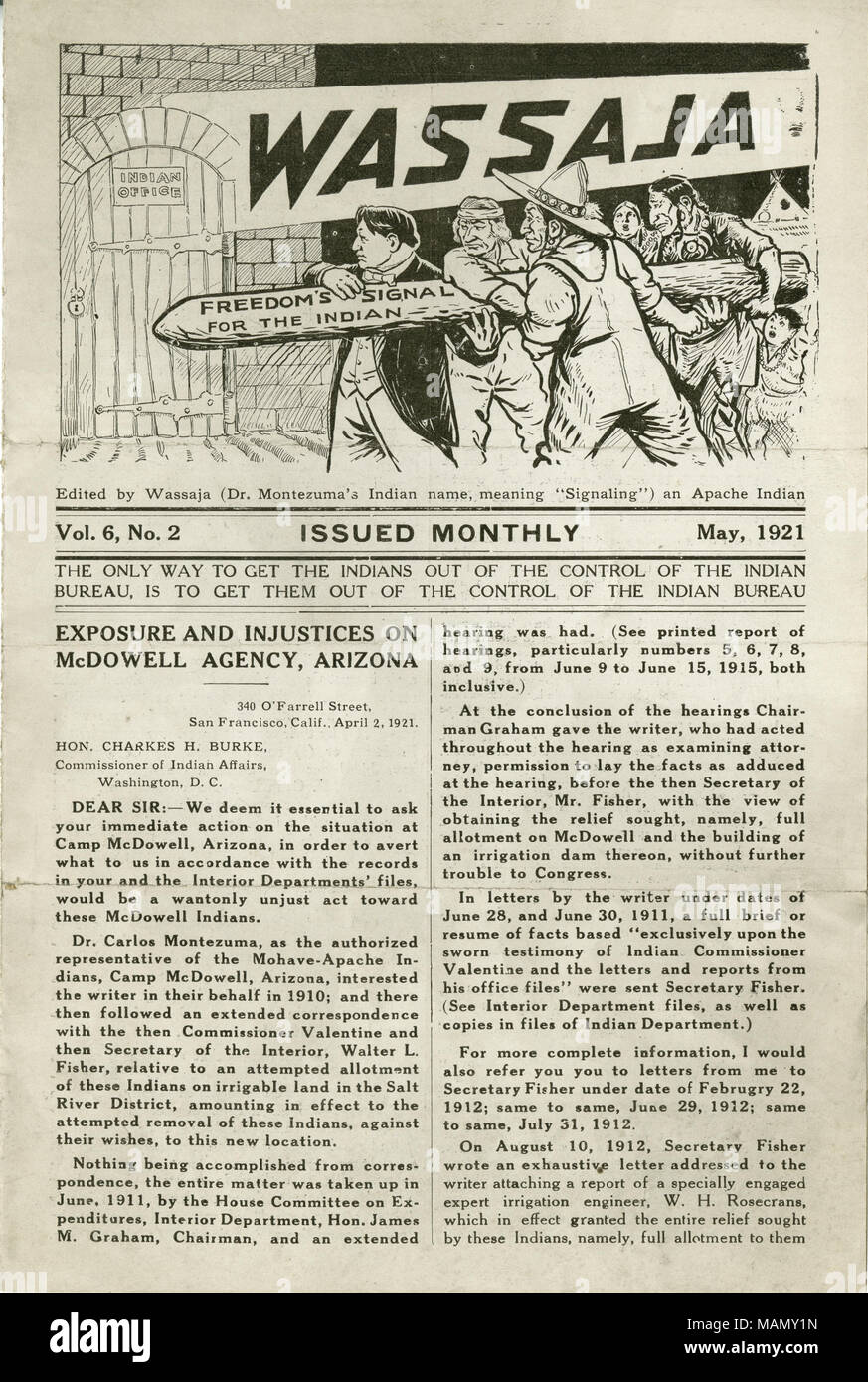 Newsletter Untertitel: die Freiheit Signal für die Indianer. Titel: Ausgabe von Wassaja, Vol. 6, Nr. 2, Mai 1921. Mai 1921. Montezuma, Carlos Stockfoto