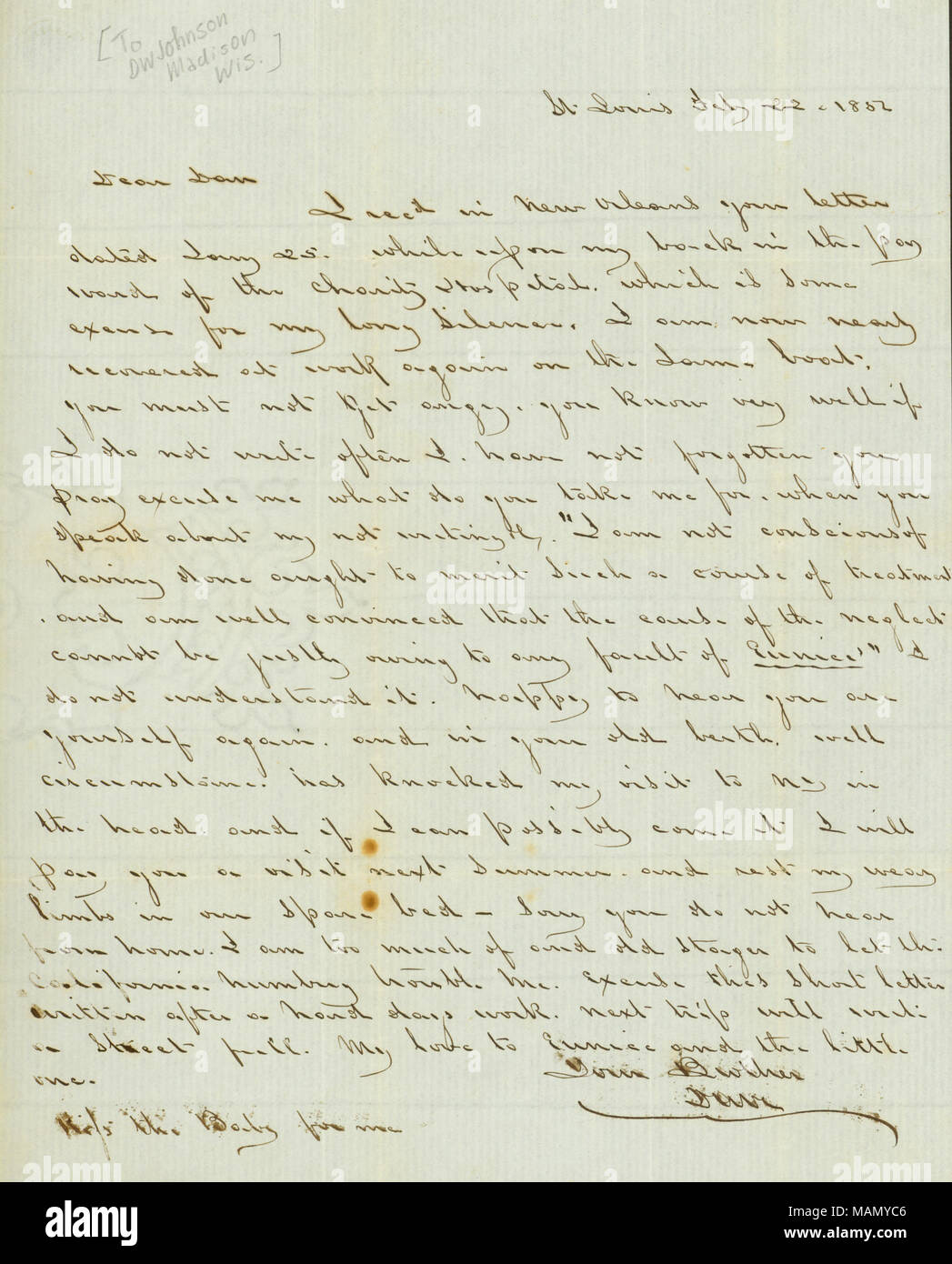 Titel: Brief von Dave [Johnson], St. Louis, mit seinem Bruder Dan W. Johnson, 22. Februar 1852. 22. Februar 1852. Johnson, Dave Stockfoto