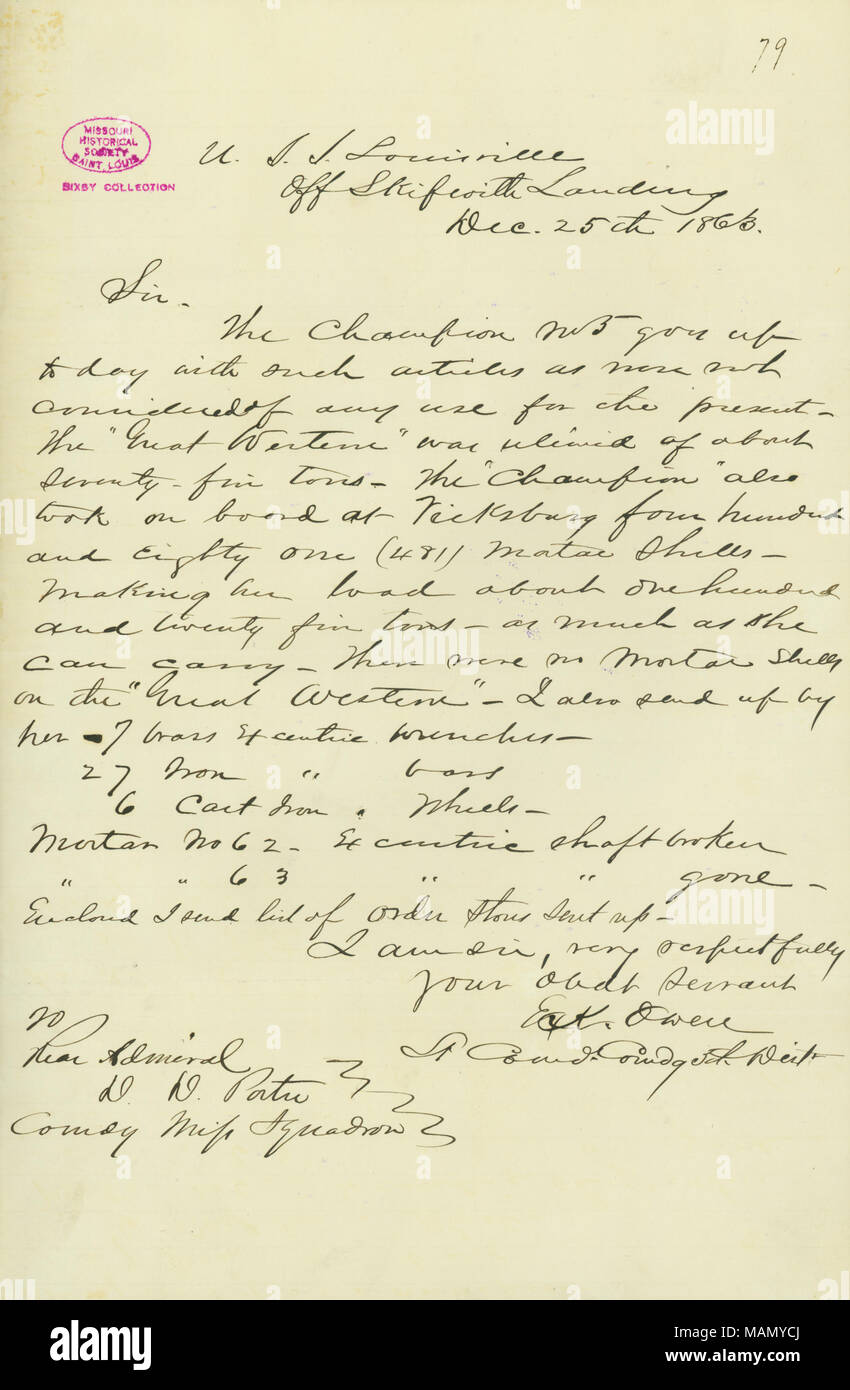 Bezüglich speichert Gesendet am Meister Nr. 5 und Great Western. Titel: Brief von E.K. Owen, US S. Louisville, aus Skipwith Landung, David D.] Porter, 25. Dezember 1863 auf [. 25. Dezember 1863. Owen, E.K. Stockfoto