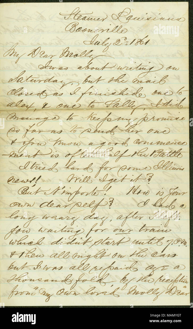 Erzählt kurz den letzten Angelegenheiten des Regiments. Titel: Brief von James E. Liebe, Missouri Boonville, [], an Bord des Dampfers "Louisiana", Molly, 2. Juli 1861. Vom 2. Juli 1861. Liebe, James Edwin, 1830-1905 Stockfoto