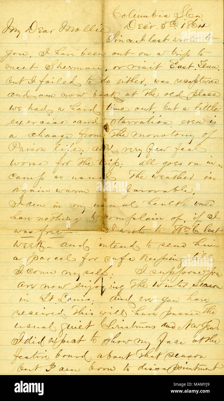 Gescheiterten Fluchtversuch erwähnt. Titel: Brief von James E. Liebe, Charleston, South Carolina, Molly, 5. Dezember 1864. Vom 5. Dezember 1864. Liebe, James Edwin, 1830-1905 Stockfoto