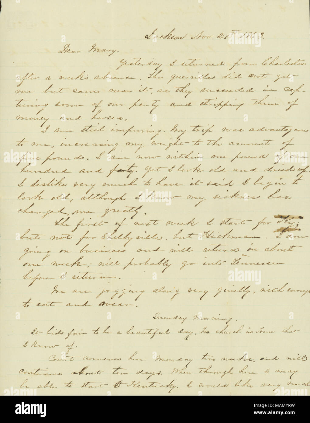 Erwähnt seine Reise aus Charleston und nahe dran mit einigen Guerilla. Titel: Schreiben von L [owndes] H. Davis, Jackson, seine Frau] Maria, 21. November 1863 auf [. 21. November 1863. Davis, Lowndes H. Stockfoto