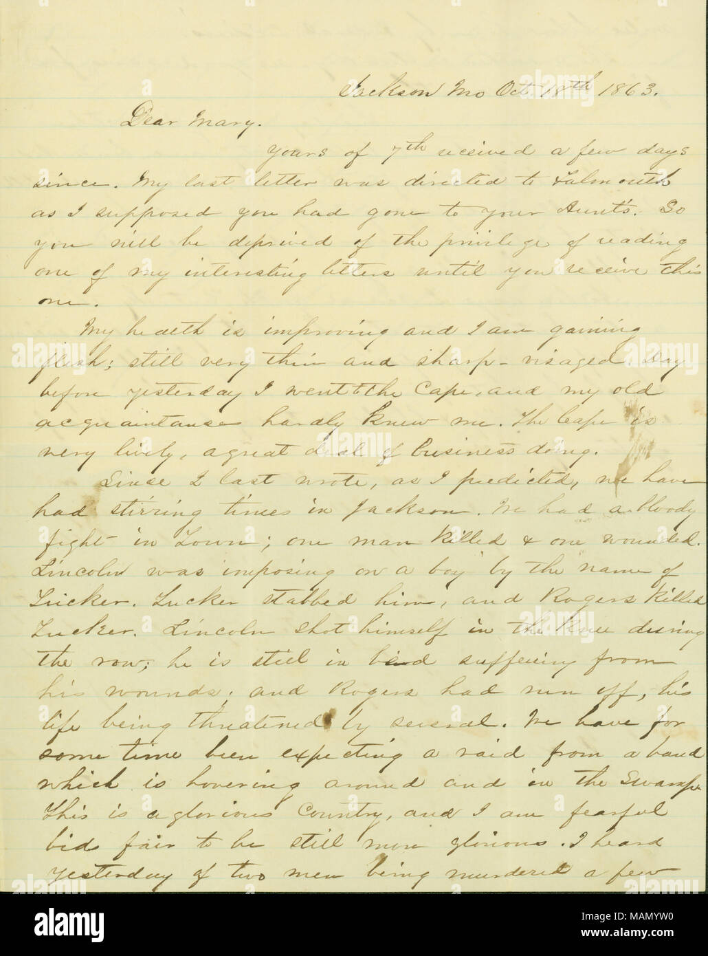 Beschreibt ein "blutiger Kampf", die in der Stadt, in der ein Mann getötet wurde und niemand wurde verletzt. Fordert, dass seine Frau im Detail über ihre Tochter Jäger schreiben. Titel: Brief von Lowndes H. Davis, Jackson, Mo, seine Frau] Maria, 18. Oktober 1863 auf [. 18. Oktober 1863. Davis, Lowndes H. Stockfoto