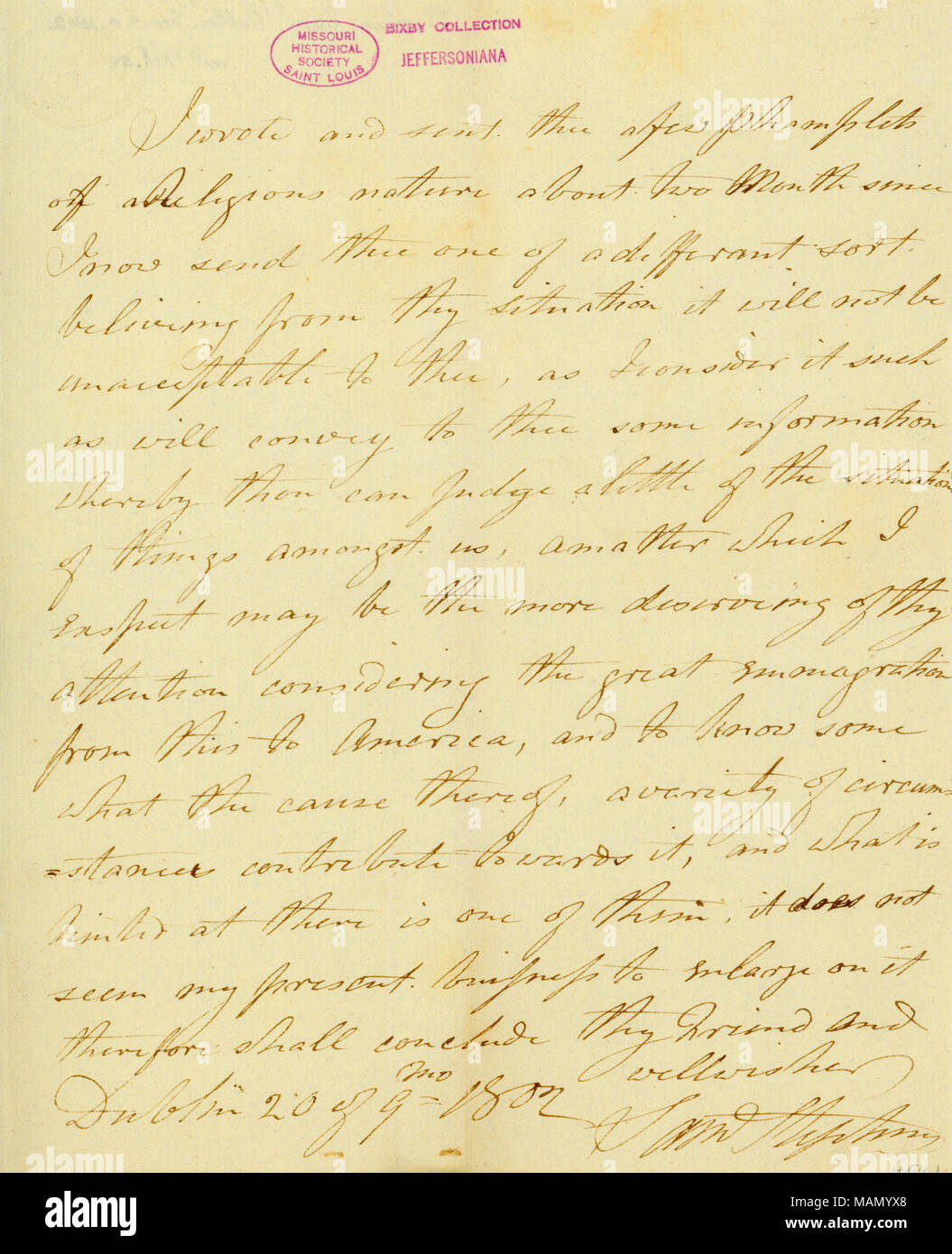 Sendet eine Broschüre, die Ihnen helfen können, um die Ursachen der großen Migration aus Irland klare nach Amerika. Titel: Brief von Samuel Stephens zu Thomas Jefferson, 20. September 1802. 20. September 1802. Stephens, Samuel Stockfoto