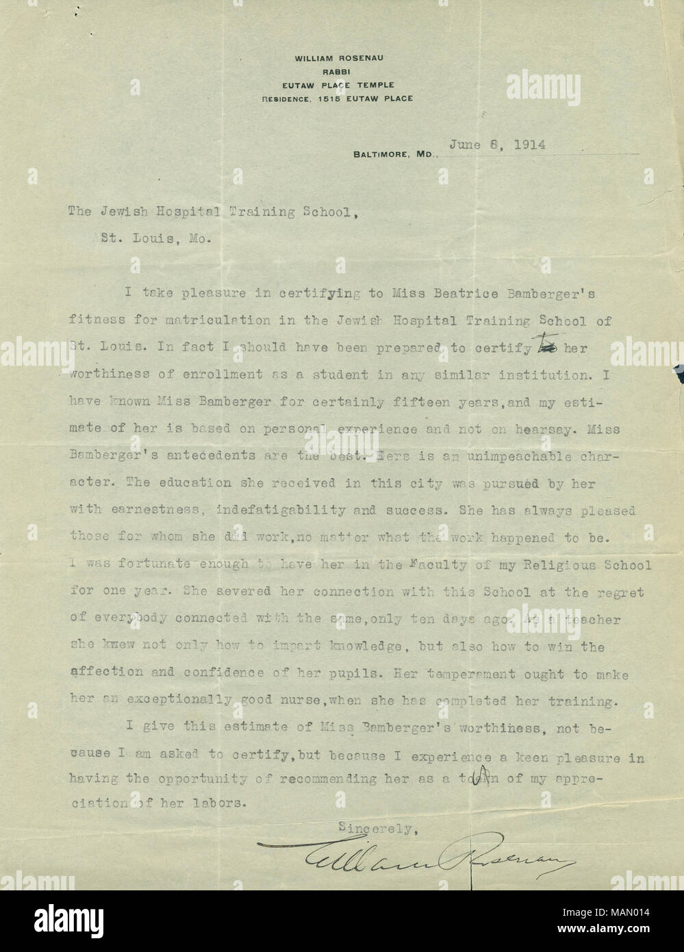 Titel: Brief von William Rosenau auf das Jüdische Krankenhaus Ausbildung Schule, 8. Juni 1914. 8. Juni 1914. Rosenau, William Stockfoto