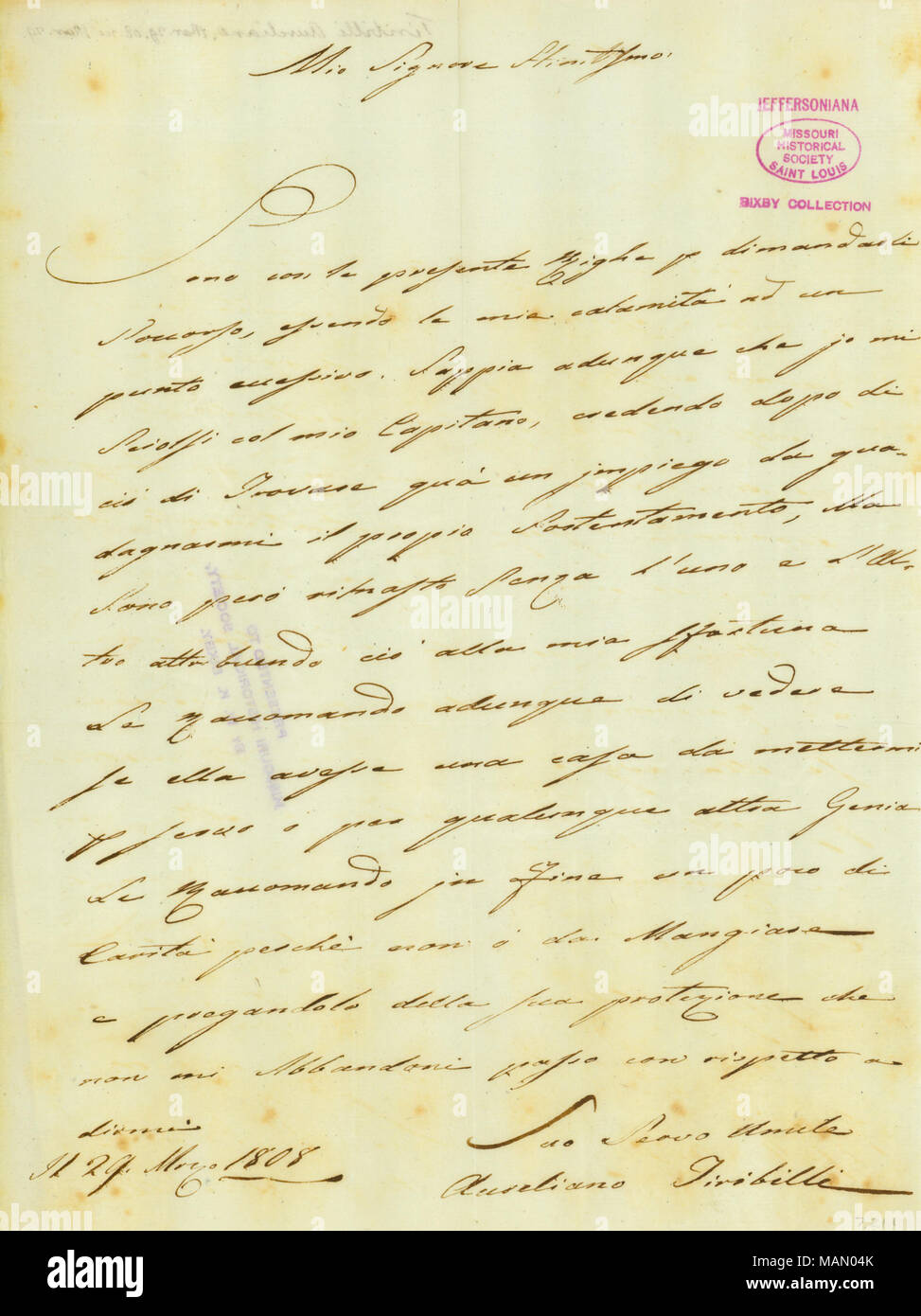 Zwei - Seite Brief auf Italienisch. Titel: Brief unterzeichnet Aureliano Tiribelli zu Thomas Jefferson, 29. März 1808. 29. März 1808. Tiribelli, Aureliano Stockfoto