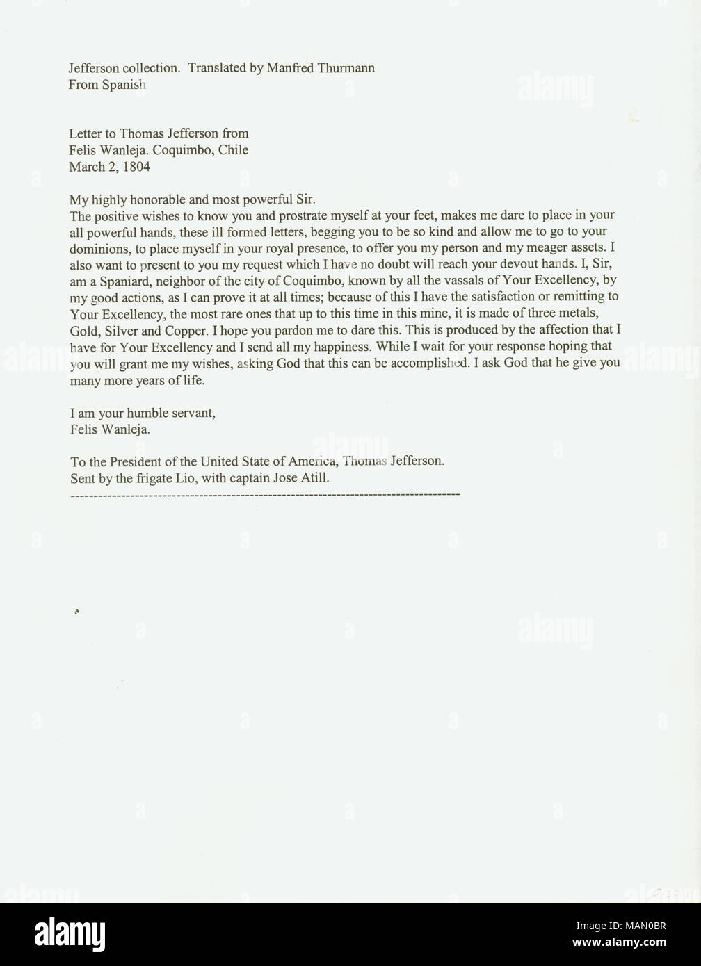 Schreiben in Spanisch, Übersetzung enthalten. Titel: Brief unterzeichnet Felis S. Wanleja, Coquimbo, Chile, zu Thomas Jefferson, 2. März 1804. 2. März 1804. Wanleja, Felis S. Stockfoto