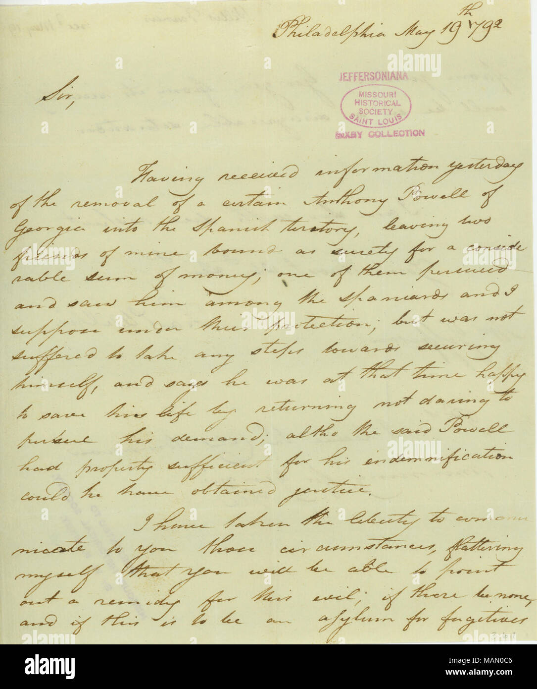 Berichte, dass Anthony Powell links Georgien für das spanische Hoheitsgebiet wegen Geld zu Freunden von Willis. Auf der Suche nach Powell, sie waren nicht in der Lage, Ihr Geld zu erhalten, da sie von der Spanischen bedroht waren. Willis ist besorgt darüber, dass die Zukunft der Schuldner wird auf spanischem Territorium für Asyl fliehen. Titel: Brief unterzeichnet Francis Willis, Philadelphia, Thomas Jefferson, 19. Mai 1792. 19. Mai 1792. Willis, Francis Stockfoto