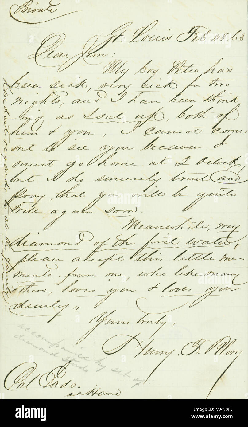 In Bezug auf die Krankheit seines Sohnes und ein Geschenk aus einer Reihe von Diamond bolzen Titel: Brief unterzeichnet Henry T. Schlag, St. Louis, zu Jim [James B. Eads], 28. Februar 1863. 28. Februar 1863. Schlag, Henry T. (Henry Taylor), 1817-1875 Stockfoto