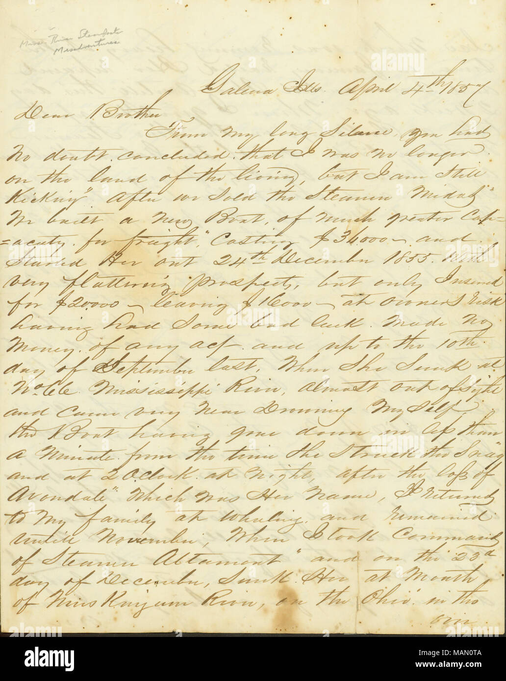 Erzählt Virden in Steamboat Erfahrungen auf zahlreichen Schiffen, einschließlich Midas, Avondale, Altamont, und Northern Belle. Titel: Brief unterzeichnet M.L. Virden, Galena, Illinois/USA, Bruder, 4. April 1857. 4. April 1857. Virden, M.L. Stockfoto