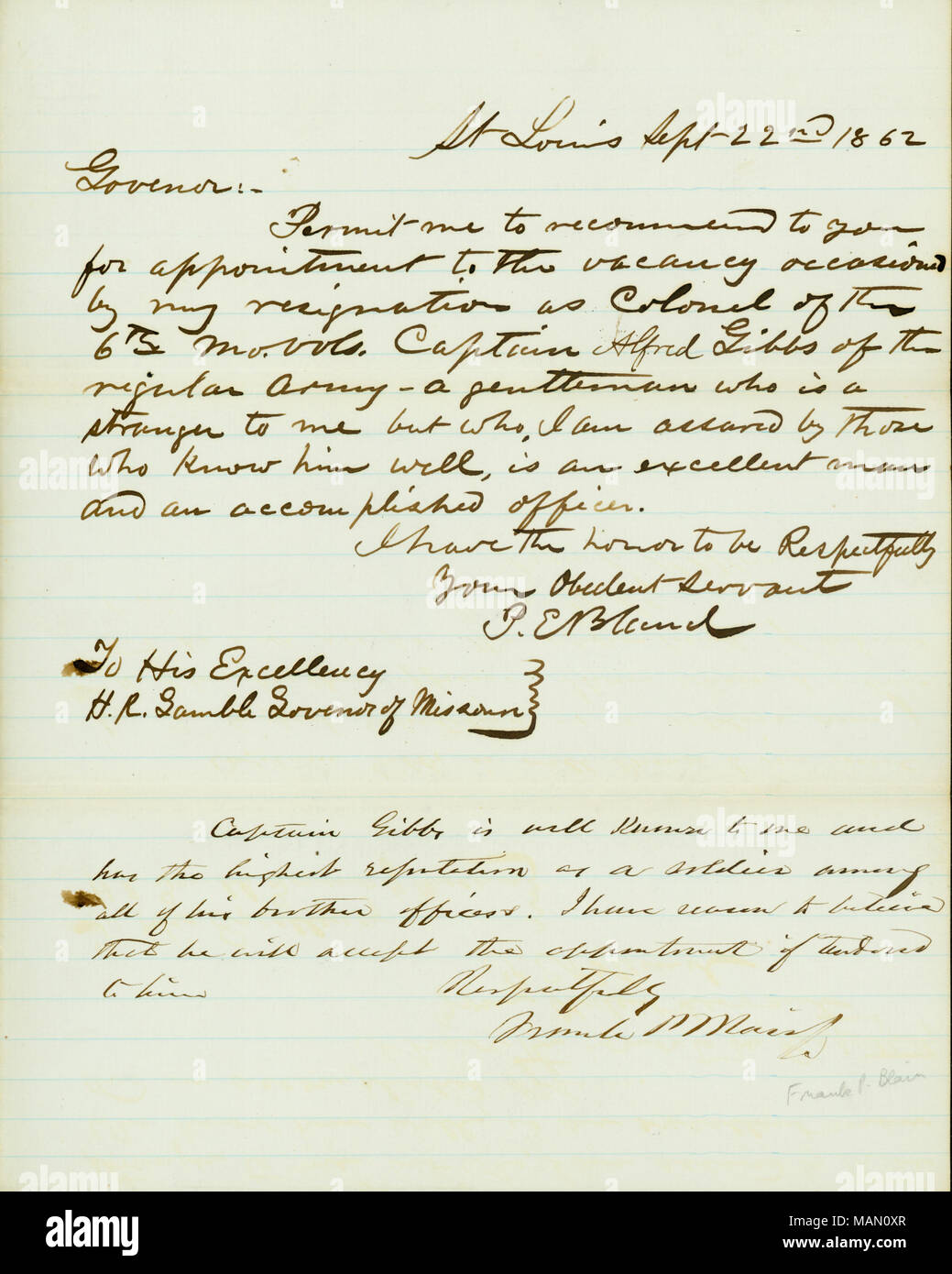 In Bezug auf die Empfehlung, dass Kapitän Alfred Gibbs Oberst des 6 Missouri freiwilligen Infanterieregiments ernannt werden. Titel: Brief unterzeichnet die P.E. Fad, St. Louis, zu H.R. Gamble, Gouverneur von Missouri, 22. September 1862. 22. September 1862. Fad, Peter E. Stockfoto