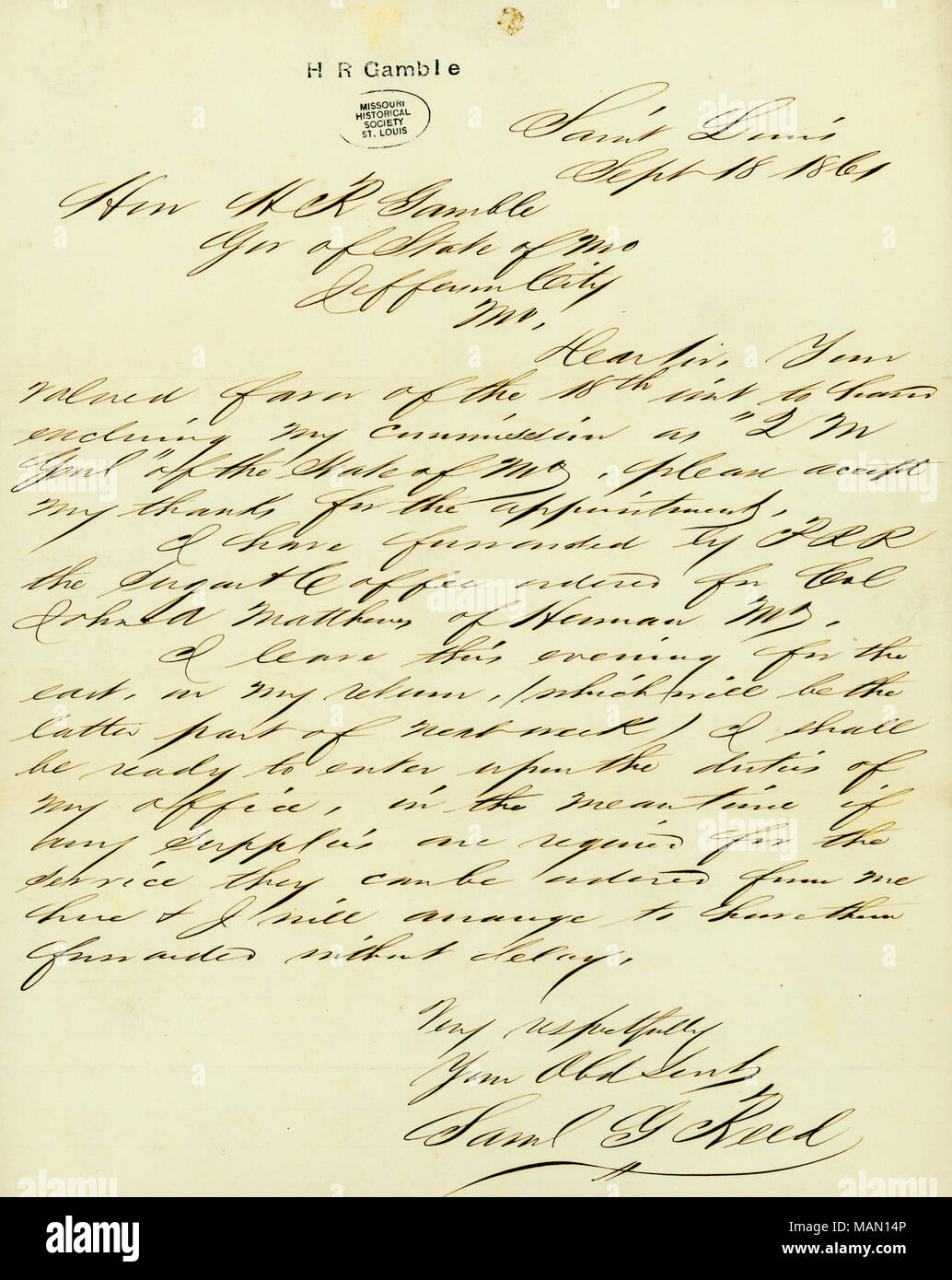 Gibt die Annahme der Kommission als Quartermaster General von Missouri. Mit Umschlag. Titel: Schreiben von SAML-unterzeichnet. G. Reed [Samuel G. Reed], Saint Louis, Hon. H.R. Gamble, Jefferson City, Mo, 18. September 1861. 18. September 1861. Reed, Samuel G. Stockfoto