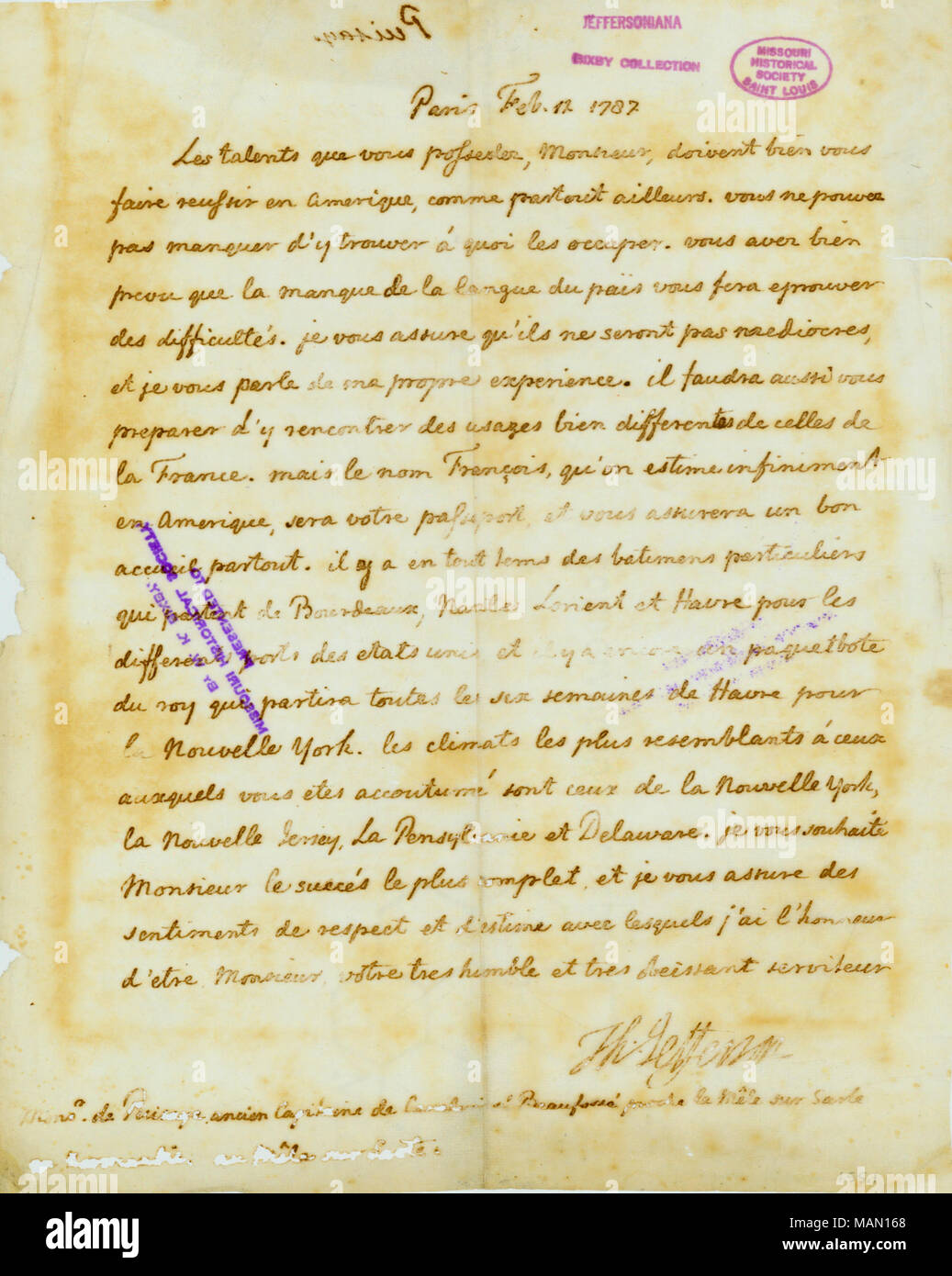 Ist der Auffassung, dass die Talente, M. de Puisaye besitzt, die ihn in Amerika zu folgen. Titel: Brief unterzeichnet Thomas Jefferson, Paris, M. de Puisaye, 12. Februar 1787. 12. Februar 1787. Jefferson, Thomas, 1743-1826 Stockfoto