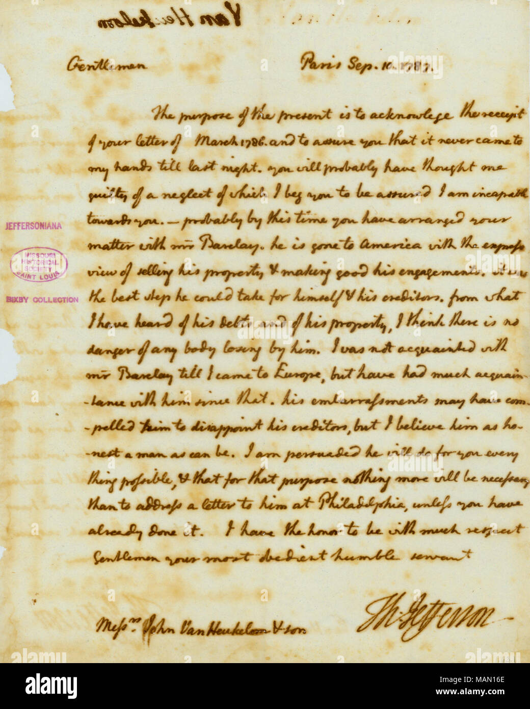 Bestätigt den Erhalt Ihres Schreibens vom März 1786; setzt voraus, dass sie ihre Angelegenheit mit Barclay niedergelassen haben. Titel: Brief unterzeichnet Thomas Jefferson, Paris, an die Herren John van Standard Doppelzimmer und Sohn, 10. September 1787. 10. September 1787. Jefferson, Thomas, 1743-1826 Stockfoto