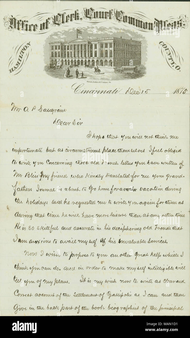 Über seinen Freund, Herr Glück, wer will schon alte Briefe Antoine Saugrain's zu übersetzen, und ein Buch, dass Newton möchte über Saugrain und Gallipolis mit A. S. Saugrain die Erlaubnis zu schreiben. Titel: Brief an A. S. Saugrain von John Newton, 15. Dezember 1875. 15. Dezember 1875. Newton, John Stockfoto